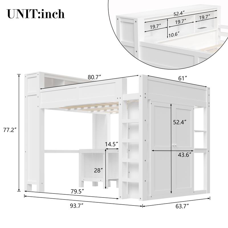 Modern Wooden Queen Size Loft Bed Frame with Wardrobe and Desk, Storage Headboard Built-in USB Charging Port