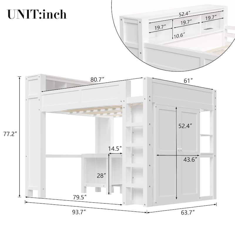 Roomfitters Queen Loft Bed with Wardrobe, Desk, Storage Headboard and USB