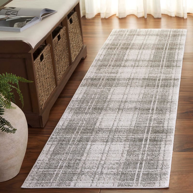 SAFAVIEH Oxford Plaid Irit Farmhouse Rug - 2' x 8' Runner - Green/Ivory