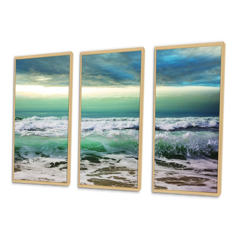 Designart "Green Foaming Waves and Blue Sky" Sea & Shore Framed Wall Decor Set of 3 4 Colors