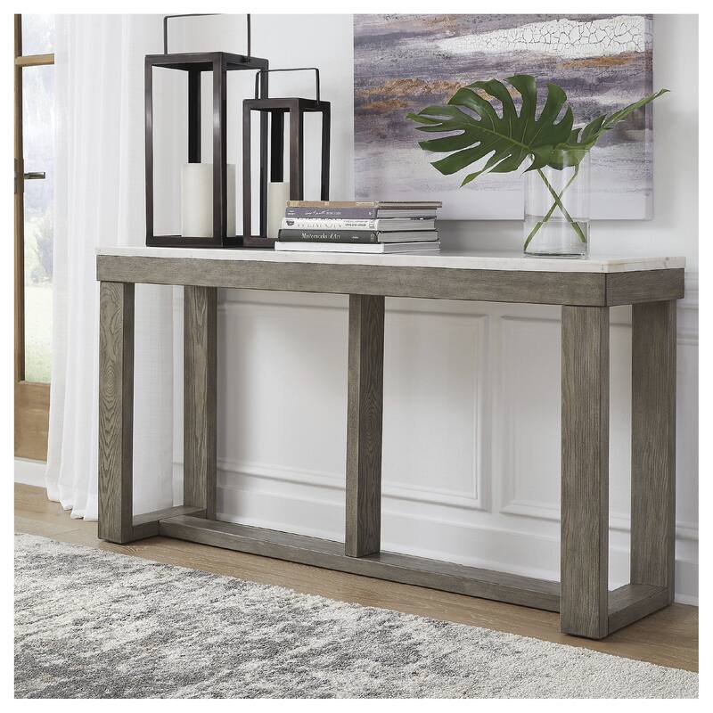 Signature Design by Ashley Loyaska Grayish Brown / Ivory Sofa Table - 64"W x 16"D x 33"H - Marble - 64"W x 16"D x 33"H - Brown