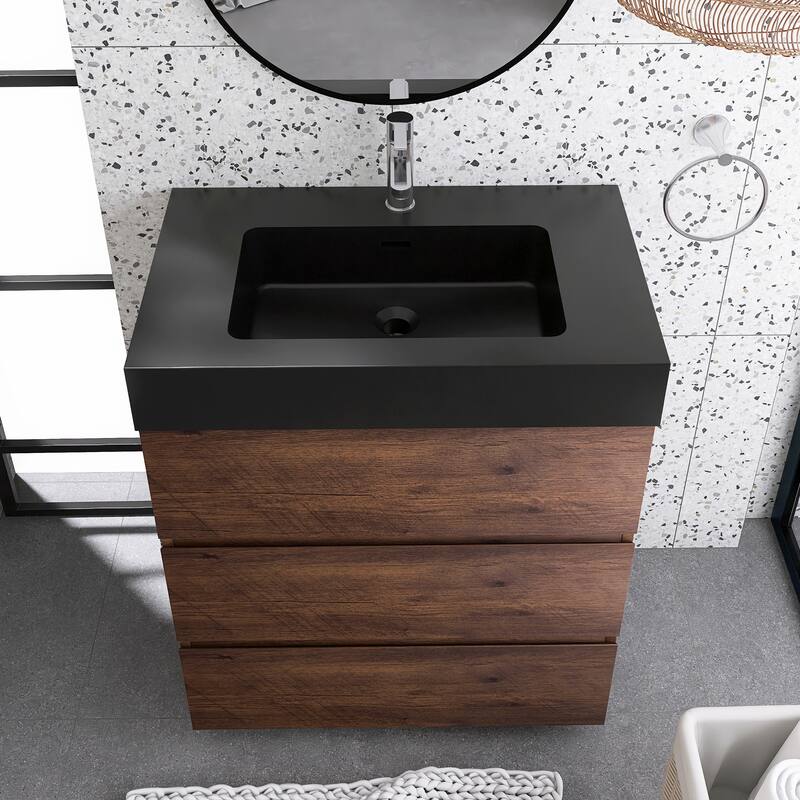Freestanding Bathroom Vanity with Black Solid Surface Top