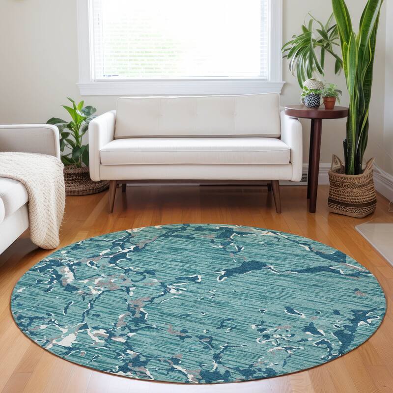 Machine Washable Indoor/ Outdoor Abstract Camo Chantille Rug - Teal - 8' x 8'