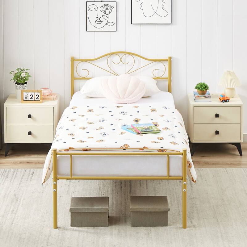 Javlergo Metal Platform Bed Frame with Modern Headboard, No Box Spring Needed - Gold - Twin