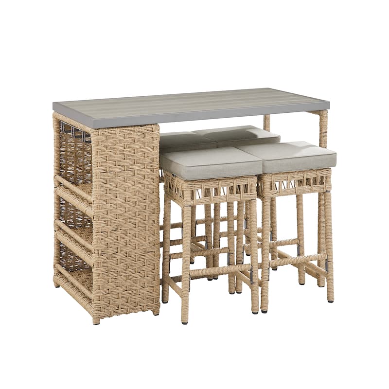 Corvus Kabul 5-piece Outdoor Bar Set with Cushioned Stools and Storage Shelf - Natural/Beige Cushion