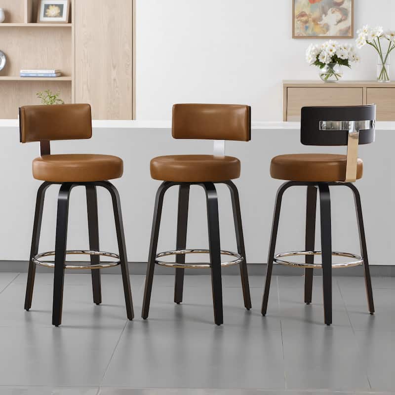 Upholstered Swivel Counter/ Bar Stools with T-Shaped Backrest - Set of 3 - Brown - Bar Height