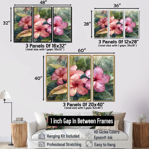 プルメリア トリプティックアート　120x90cm Designart - Pink Plumeria Tropical Dream III - Plumeria Wall