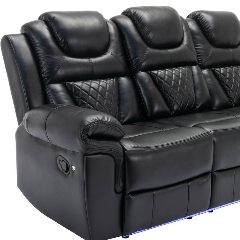 Home Theater Seating Manual Recliner Chair with Center Console and LED Light Strip for Living Room, Black
