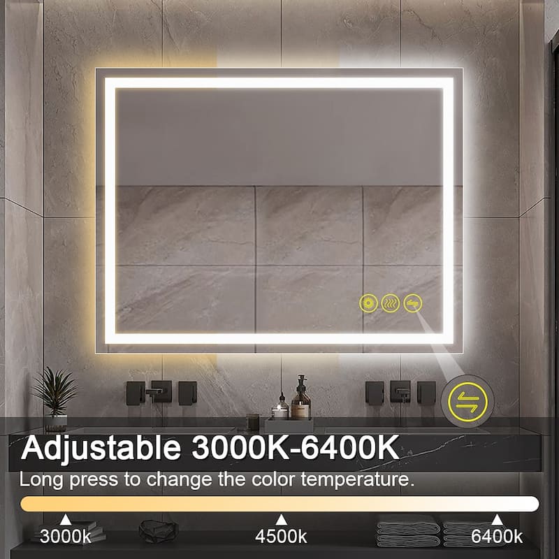 GlareGuard 28x36" Rectangular Anti-Fog Dimmable Backlit LED Bathroom Vanity Mirror - Clear