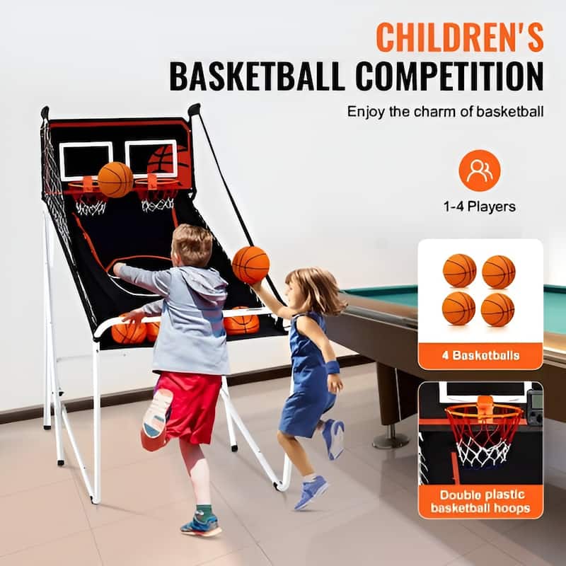 Black-White Steel Basketball Arcade Game with Dual Hoops and 8 Game Modes - 56” L x 33” W x 63” H