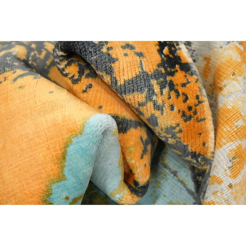 Hand Knotted Oriental Viscose Silk Carpet Modern Pictorial Multi-Colored Abstract Area Rug - 7' 8'' X 5' 7''