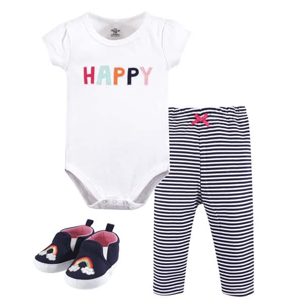 slide 1 of 1, Little Treasure Baby Girl Cotton Bodysuit, Pant and Shoe 3pc Set, Happy 0-3 Months - Happy