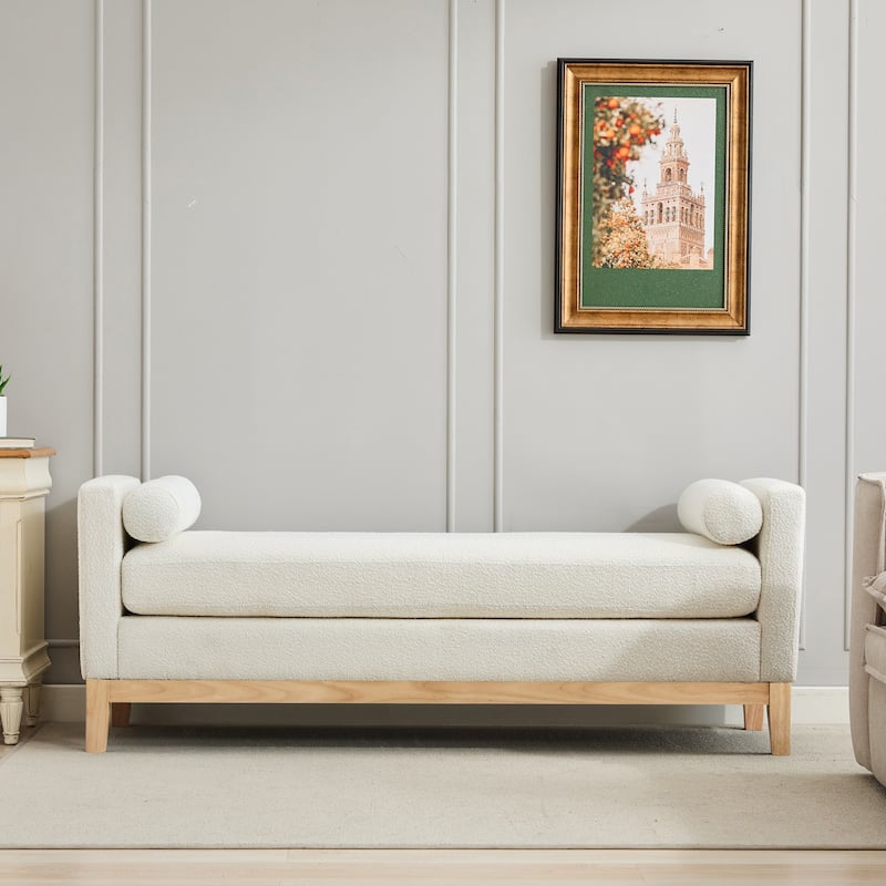 66.34"W Boucle Upholstered Bench Ottoman with 2 Bolster Pillows