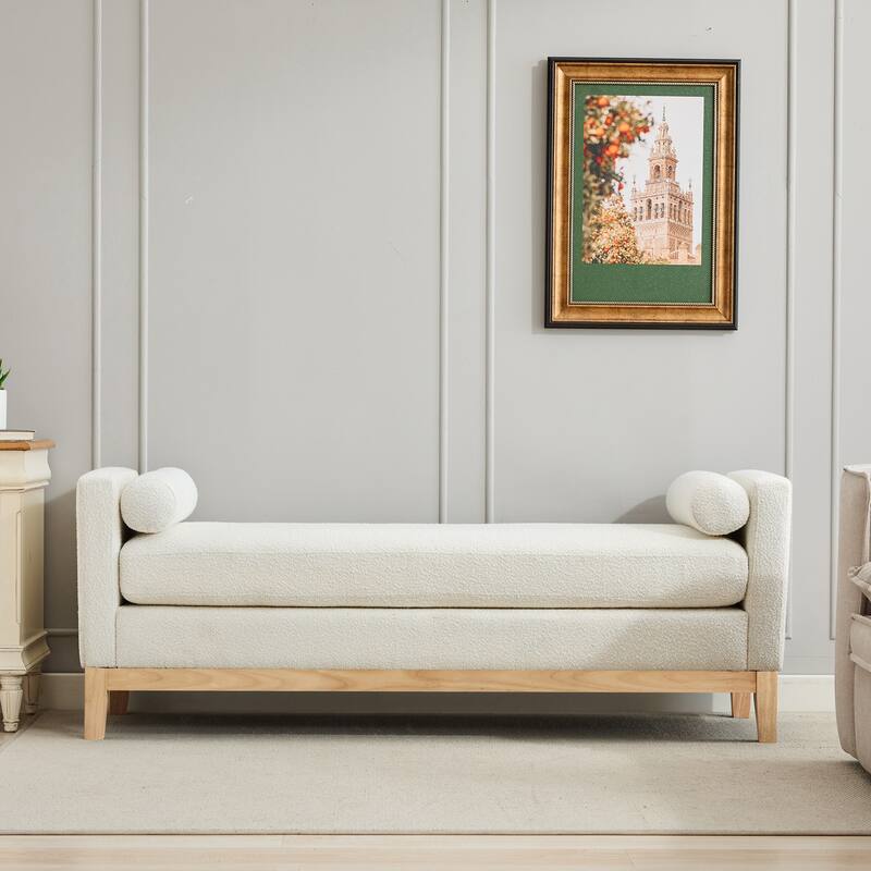 Roomfitters 66.34" Upholstered Bench Daybed with Fluted Wood Legs and 2 Bolster Pillows, Bedroom - Ivory