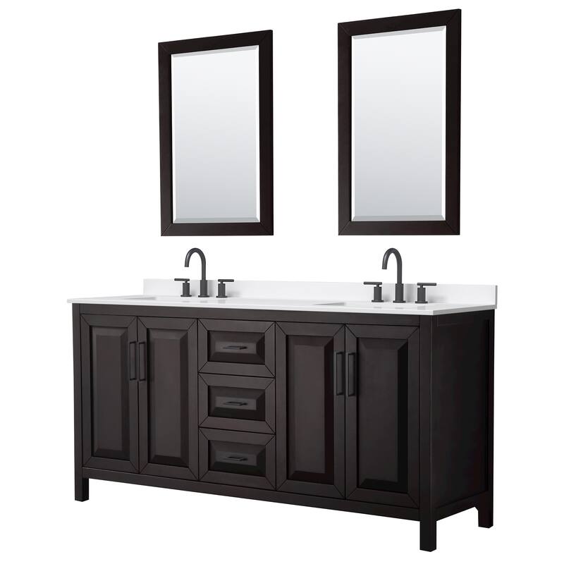 Daria 72-inch Double Vanity, 3 Hole Quartz Top, 24-inch Mirrors - Dark Espresso, Black Trim, White Quartz Top