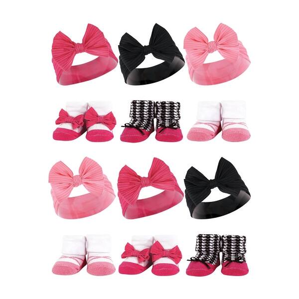 slide 1 of 1, Hudson Baby Infant Girl 12Pc Headband and Socks Giftset, Pink Black, One Size - Pink Black Pink Black - One Size