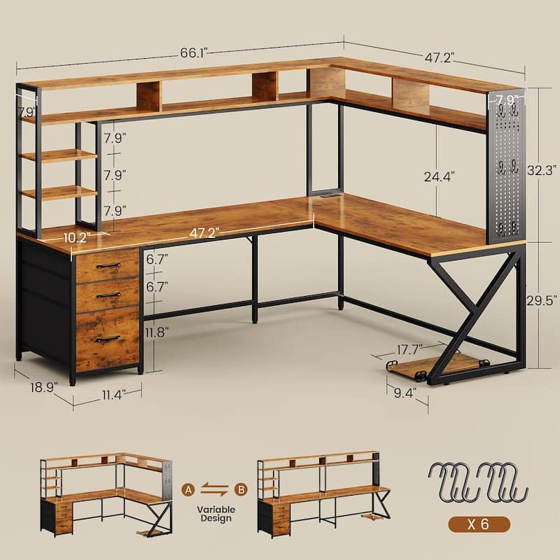 L Shaped Gaming Desk with Storage Shelves and Hutch Computer Desk 3 Drawers