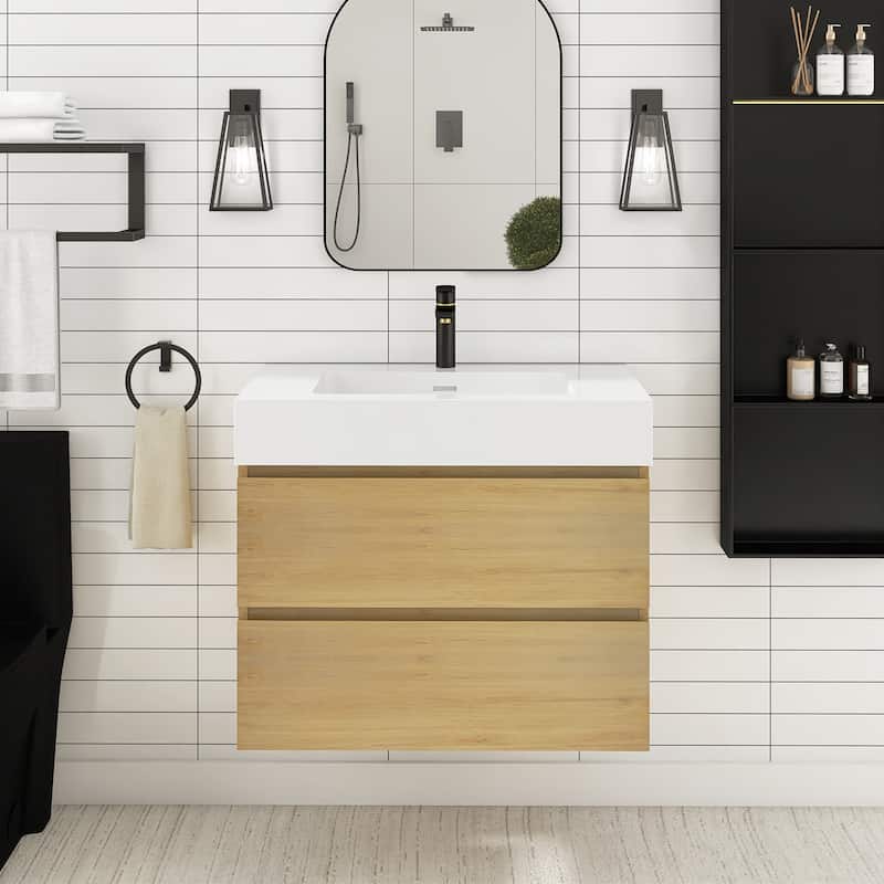 Floating Bathroom Vanity with Solid Surface Top - 29.9'' x 18.1'' x 25.2'' - Oak