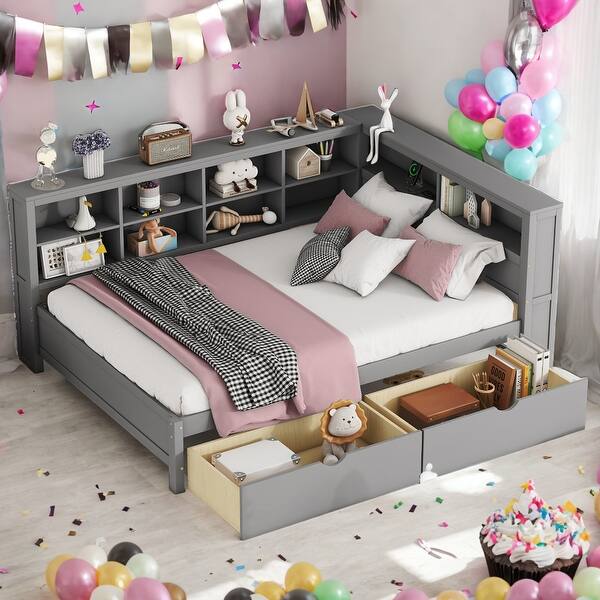slide 2 of 18, Wooden Full Size DayBed with 2 Drawers and USB Charging Ports, Grey Grey