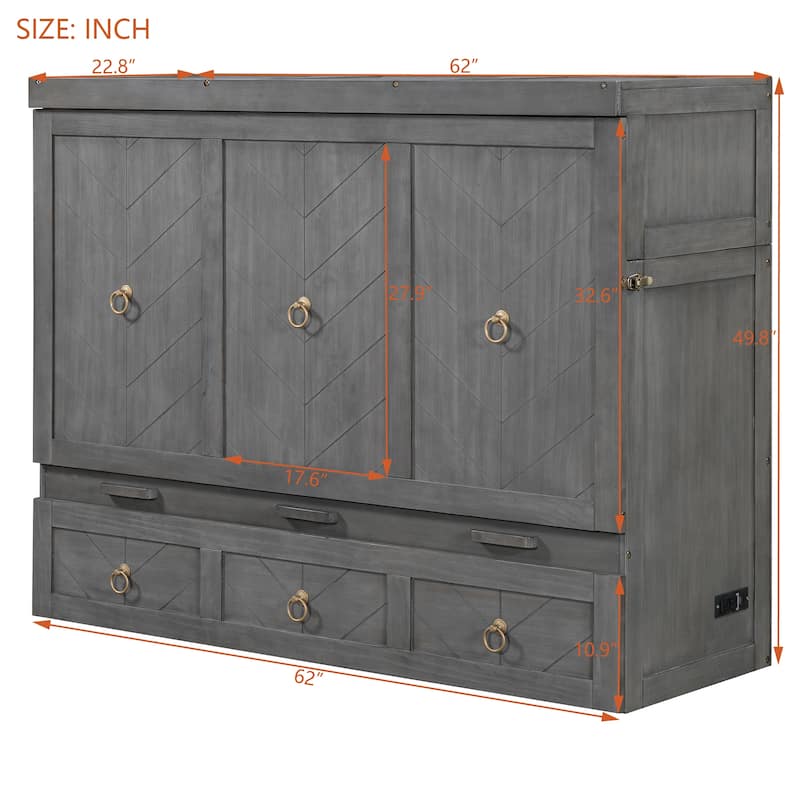 Queen Size Space-Saving Design Murphy Bed with USB Port and Large Drawer for Bedroom