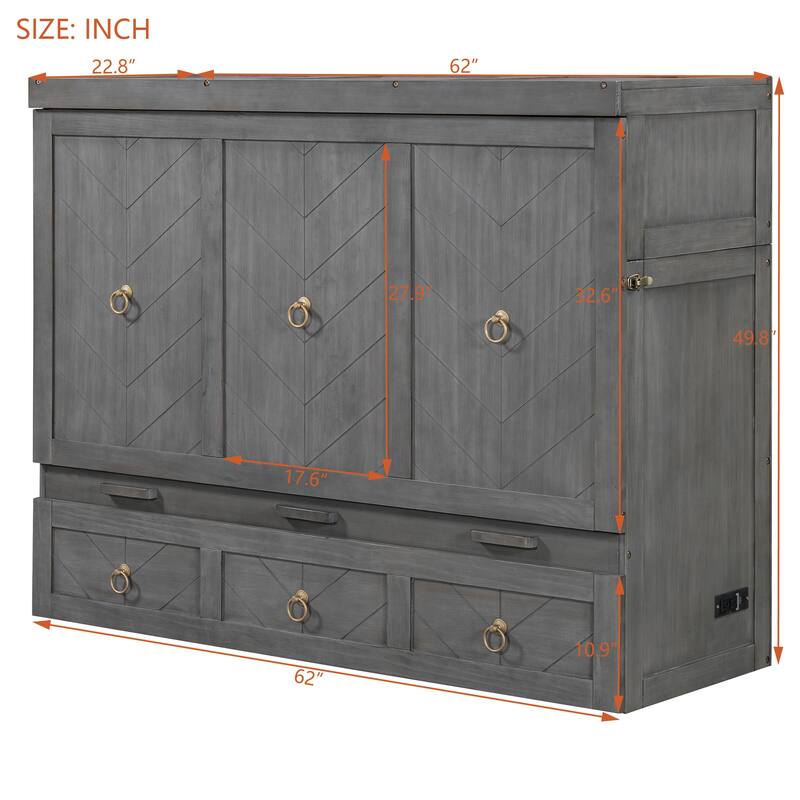 Space-Saving Queen Murphy Bed with Built-in USB Charging, Large Storage Drawer & Dual Finish Options
