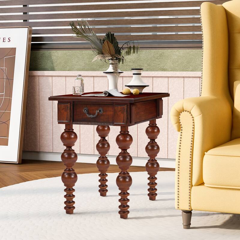 Narrow Sofa Side Table Accent Table Solid Wood End Table with Drawer - Walnut