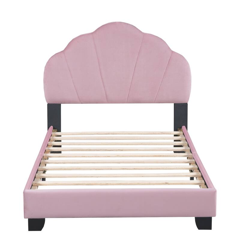 Twin Size Upholstered Velvet Platform Bed with Shell-Shaped Headboard