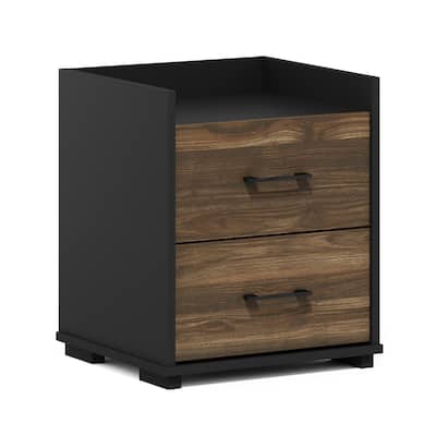 Modern Bedside Table 2 Drawer Nightstand - Bedroom Chest with Handle - Columbia Walnut/Black