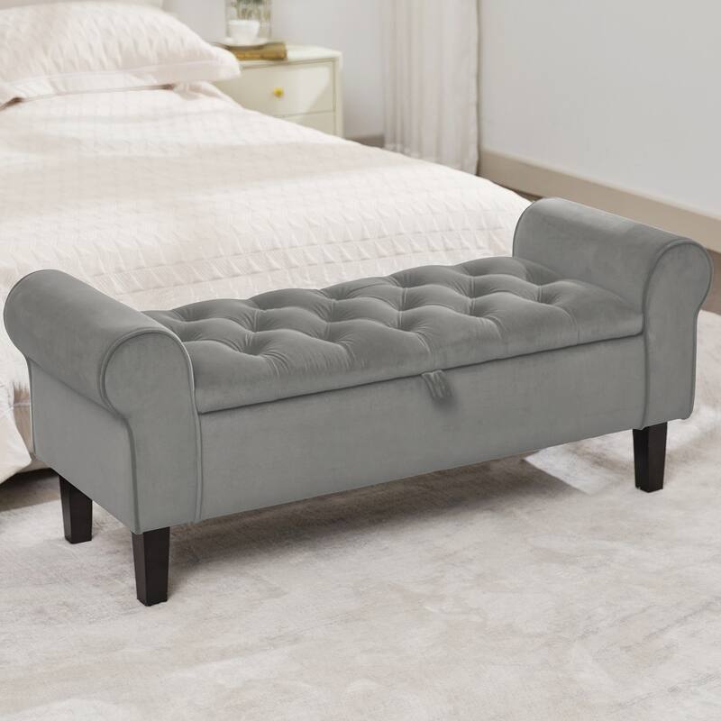 Velvet Storage Bench With Rubber Wood Legs for Bedroom - Grey