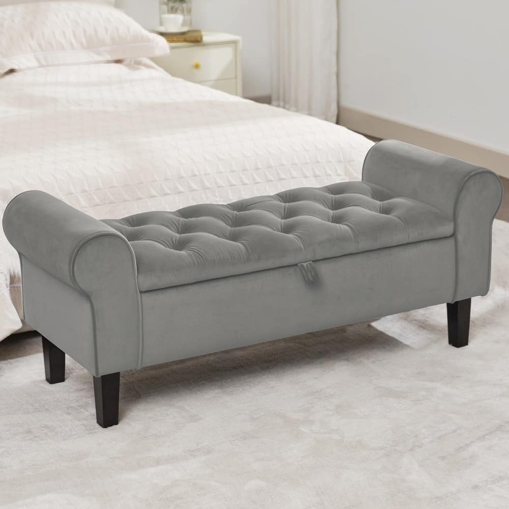 Velvet Storage Bench With Rubber Wood Legs for Bedroom