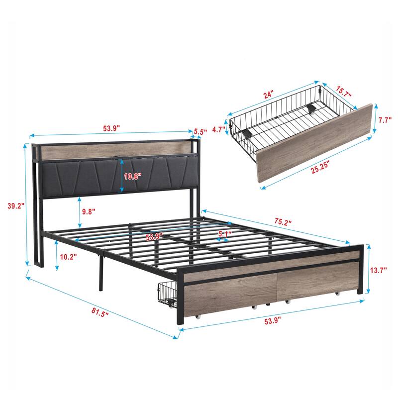 Black+Grey Full Size Metal Platform Bed with Drawers and Storage Headboard