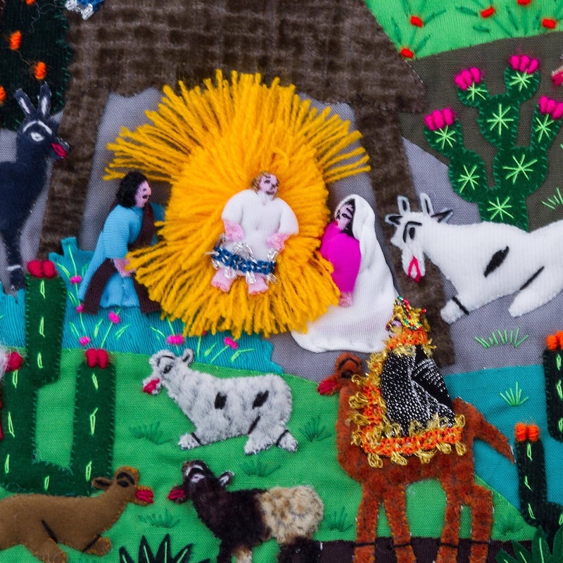 Handmade Village Nativity Applique Christmas stocking (Peru) - 31 x 20 x 4
