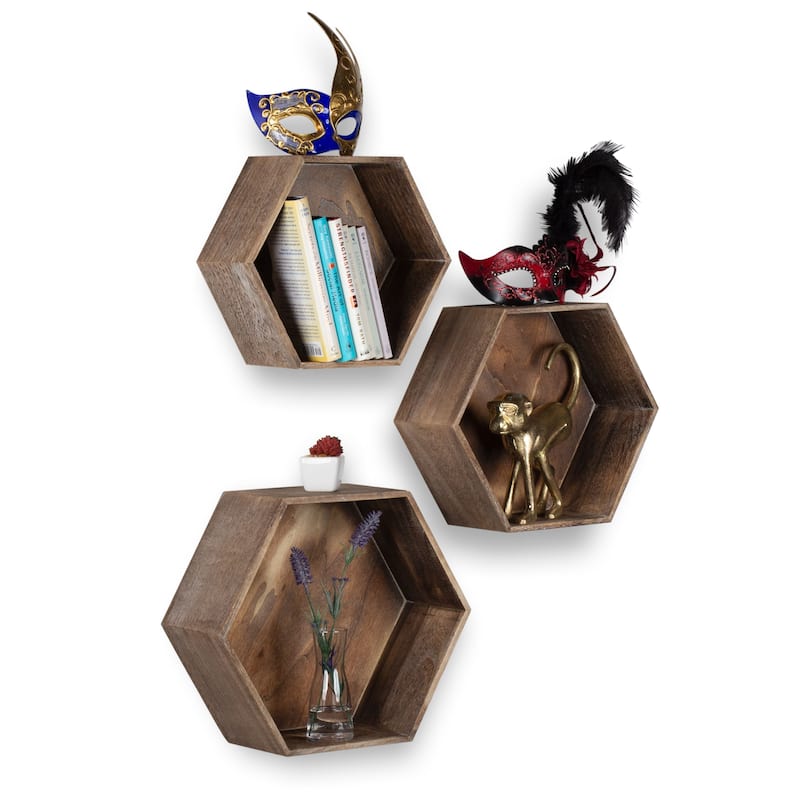 Rustic State Wall Mount Hexagon Wooden Box Shelf Varying Sizes - Pack of 3