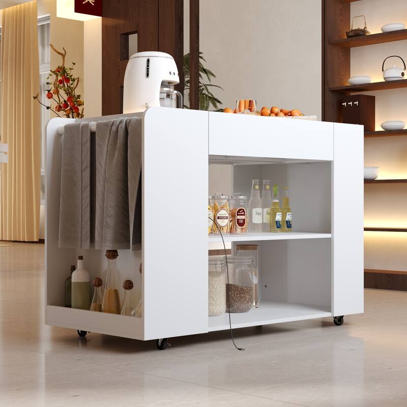 LED Kitchen Island with Tempered Glass Top, Rolling Storage Cabinet with 3-Color Lighting