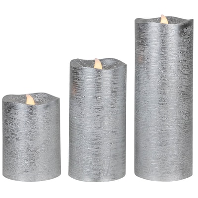 Set of 3 Silver LED Flickering Christmas Flameless Pillar Candles 8"
