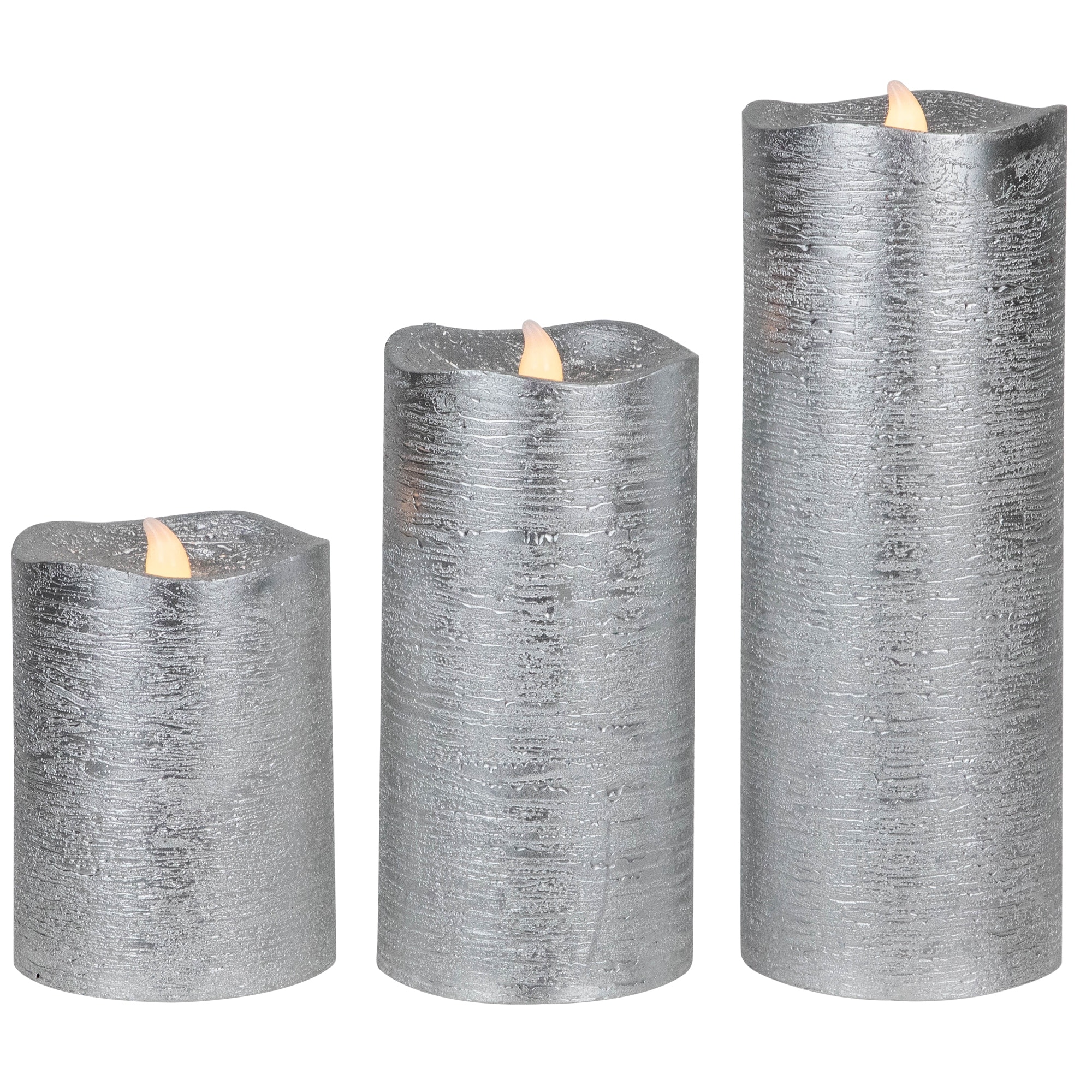Set of 3 Silver LED Flickering Christmas Flameless Pillar Candles 8"