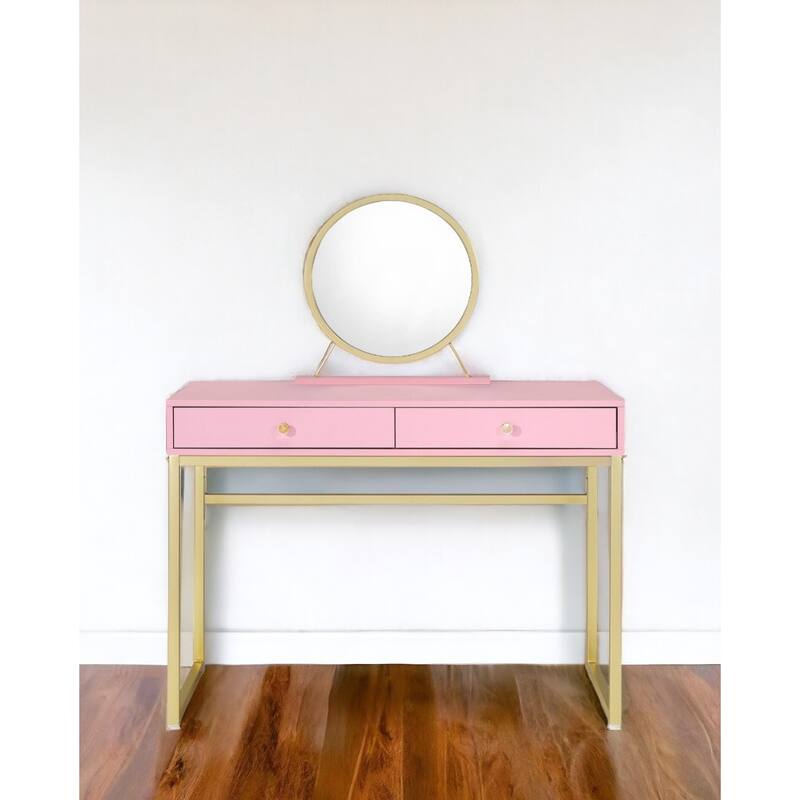 Pink Mirrored Wood Dresser with 2 Drawers and Gold Finish and Modern Vanity - 31” L x 20” W x 42” H