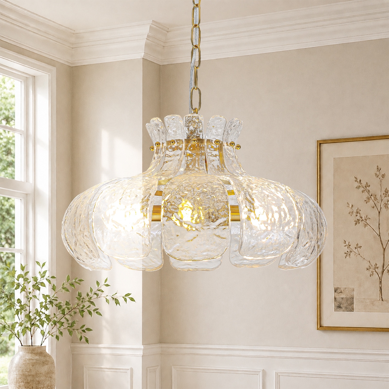 4-Light Modern Retro Brass Finish Petal Clear Water Ripple Ice Glass Pendant Chandelier for Living & Dining Room