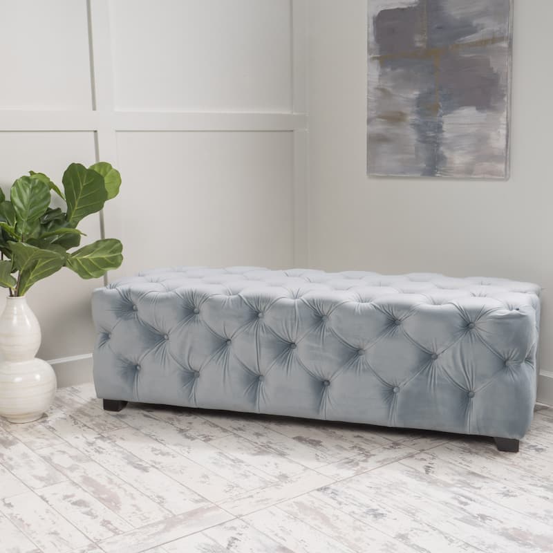 Piper Glam Tufted Velvet Ottoman Bench by Christopher Knight Home - Light Grey + Dark Brown