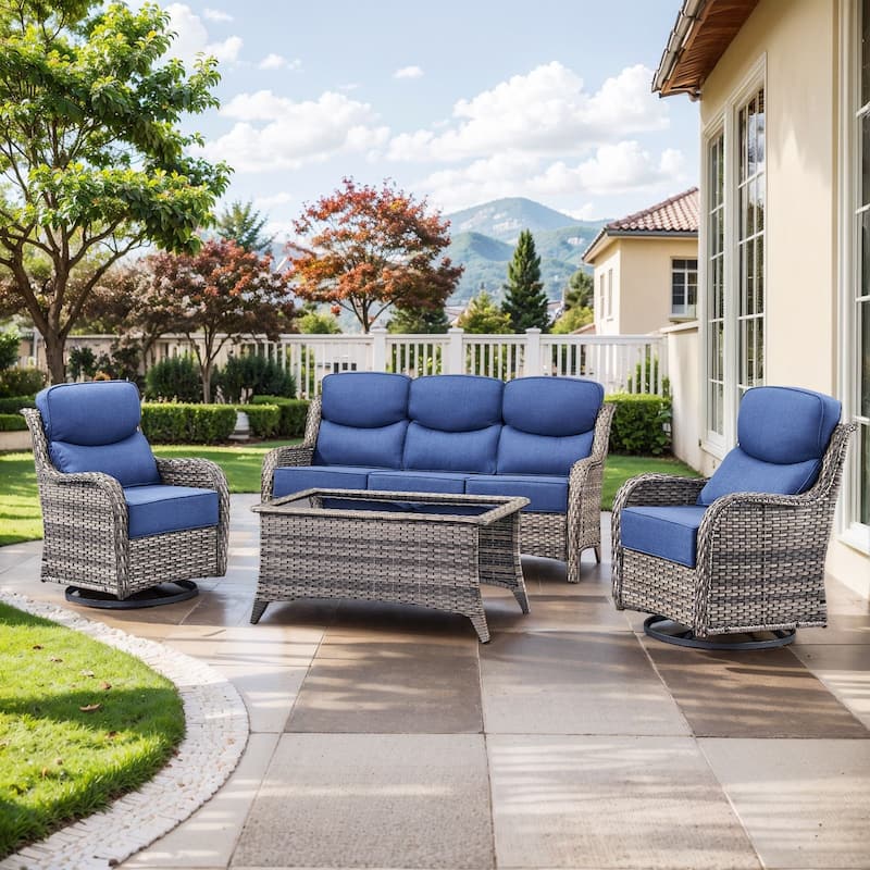 Pocassy Outdoor Patio Furniture Sofa Swivel Chairs Sets - Grey Wicker Blue Cushion - Sofa Swivel Chair with Table Set of 4