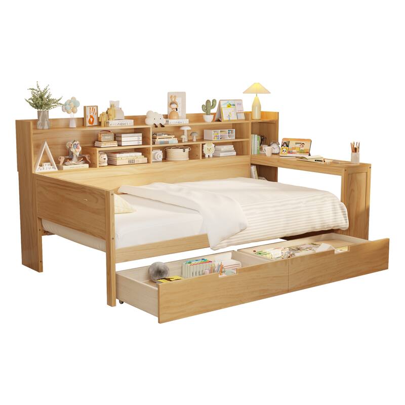 Twin Wooden Daybed with Storage Shelves, Multi-functional Bed with Two Storage Drawers and Study Desk - Natural - Twin