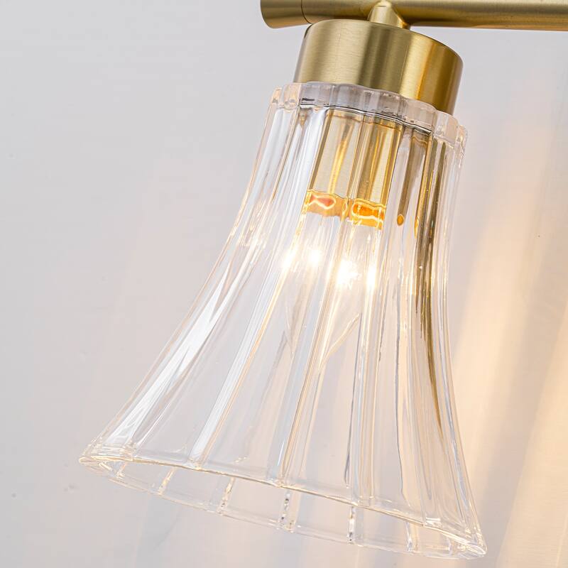 Gold Metal Wall Sconce Ribbed Trumpet Glass Shade for Bathroom Vanity
