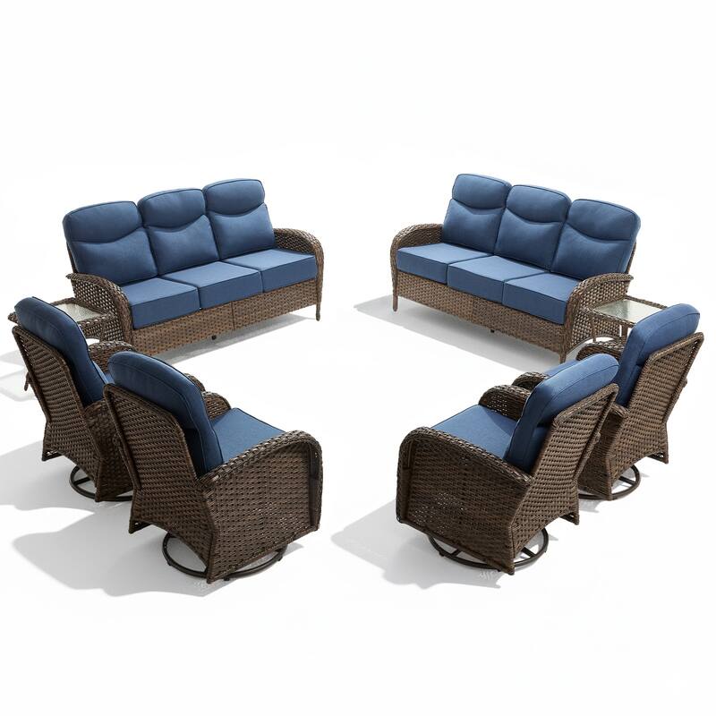 Luna 8-Piece Wicker Patio Conversation Set with Swivel Gliders and 6-Inch Thick Olefin Cushions
