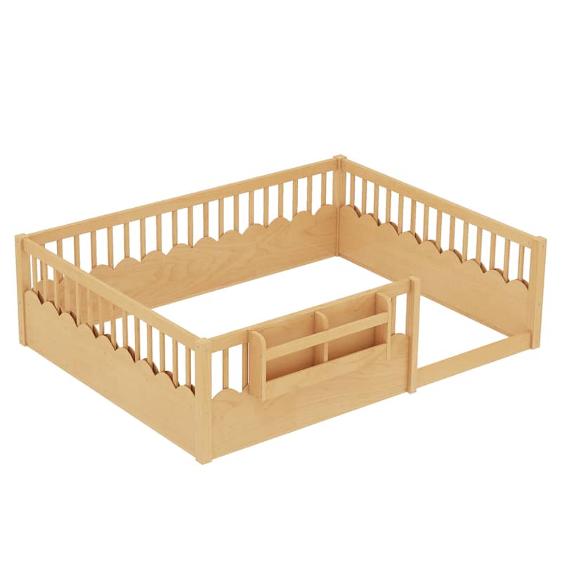 Montessori Floor Bed Kids Bed Frame with Heightened Fence and Bookshelf, Wavy Decoration Wood Platform Bed, No Slats Design