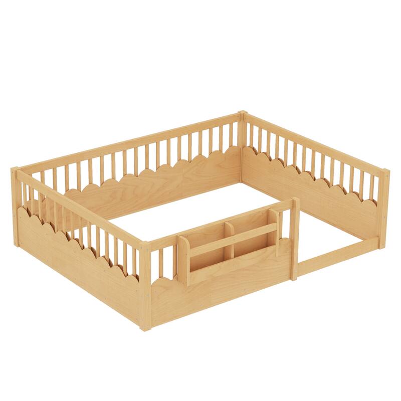 Queen Floor bed with Heightened Fence and bookshelf, Wood Floor Bed for Kids