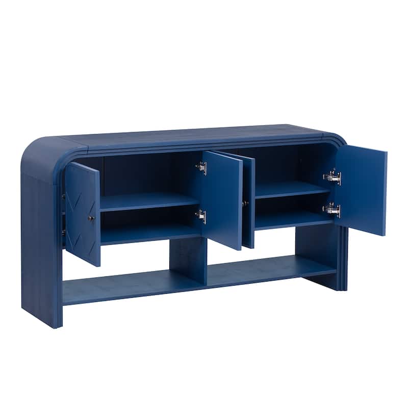Wood Storage Table Buffet Sideboard, Cconsole Table with Woven Slat Doors, Accent Table with Step Design