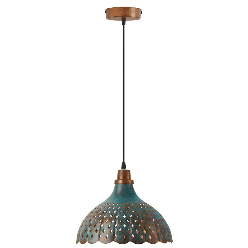 Odetta River of Goods Faux Blue Patina Metal Adjustable Drop Height 12-Inch Hanging Pendant Light with Punched Holes