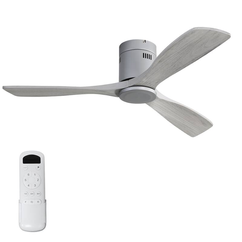 Sofucor 52 Inch Solid Wood Flush Mount Indoor Ceiling Fan without Light,Remote Control,Retractable Blades,Smart Optional - Remote Control - Silver and Light Gray Blades