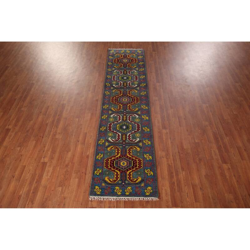 Geometric Kazak Oriental Runner Rug Hand-Knotted Wool Carpet - 2'6"x 9'9"