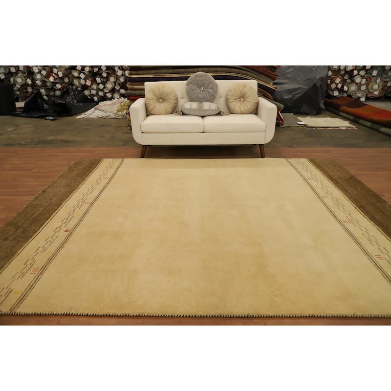 Hand Knotted Oriental 100% Wool Carpet Modern Geometric Beige & Ivories Gabbeh Area Rug - 9' 11'' X 8' 3''